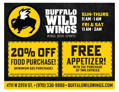 buffalo wild wings coupon codes  To see some of the latest Buffalo Wild Wings promo codes, visit the "Promos" tab on their website